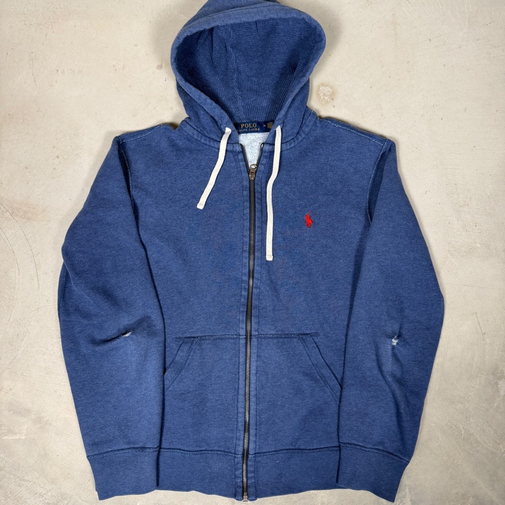 Polo Ralph Lauren Mens‎ Blue Full Zip Hoodie Red Pony Logo Distressed Size M